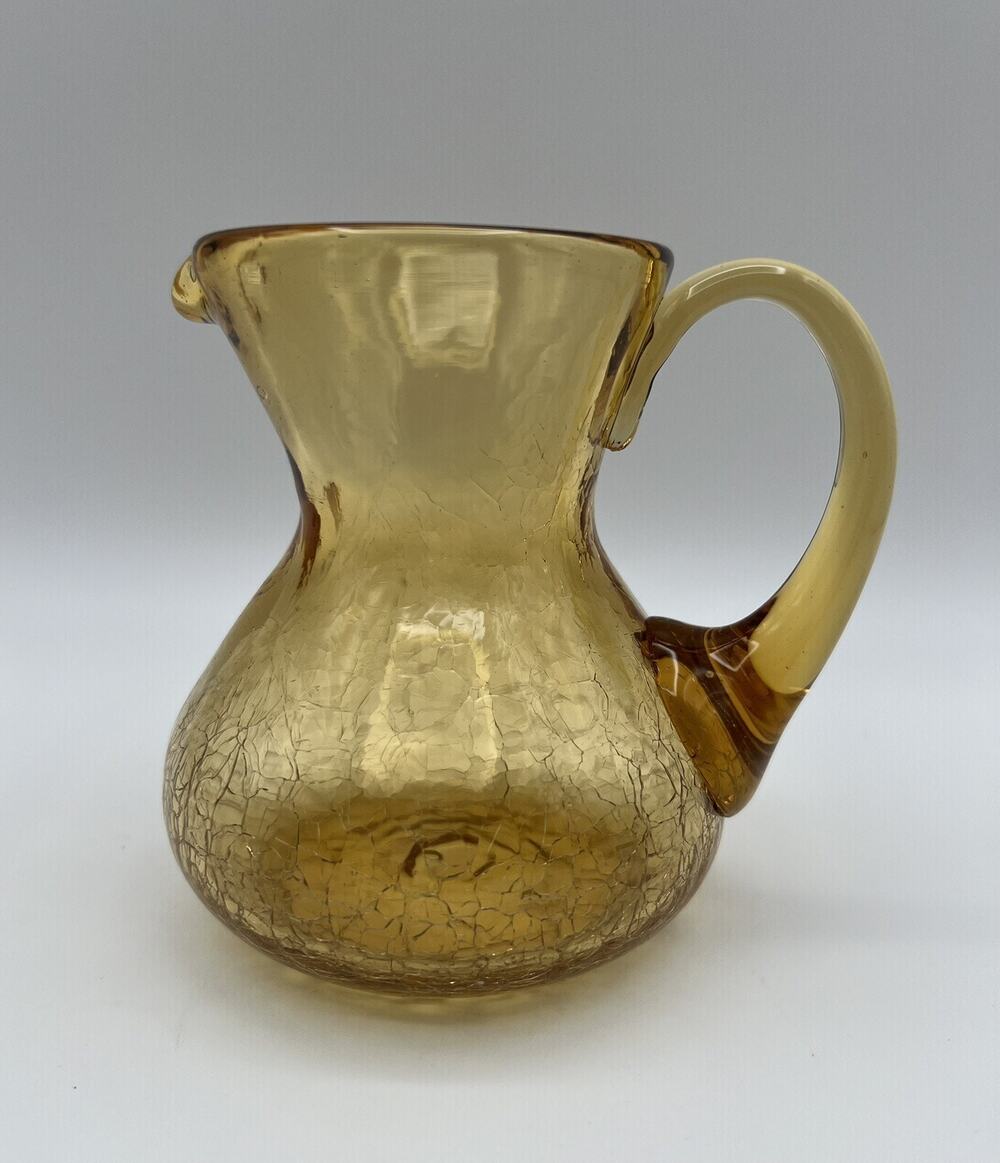 Vintage Hand Blown Yellow Amber Crackle Glass Pitcher 4.5” Applied Handle